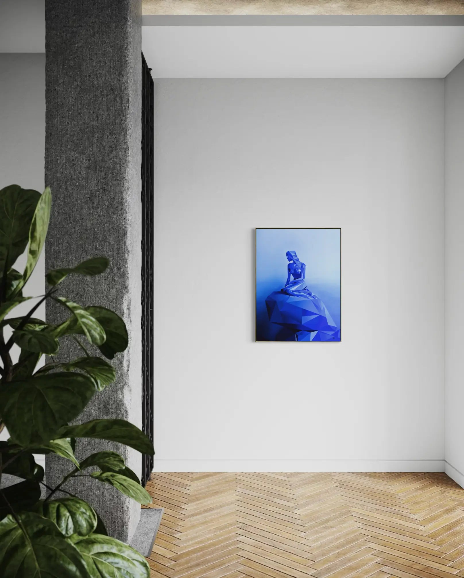 Geometric Little Mermaid aluminium dibond print in silver floater frame on a white gallery wall with herringbone wood floor and large indoor plant
