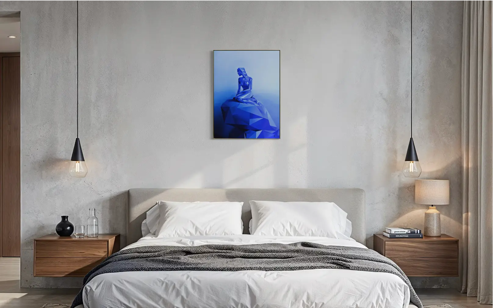 Geometric Little Mermaid aluminium dibond print in silver floater frame hung above a neutral linen bed in a bright contemporary bedroom