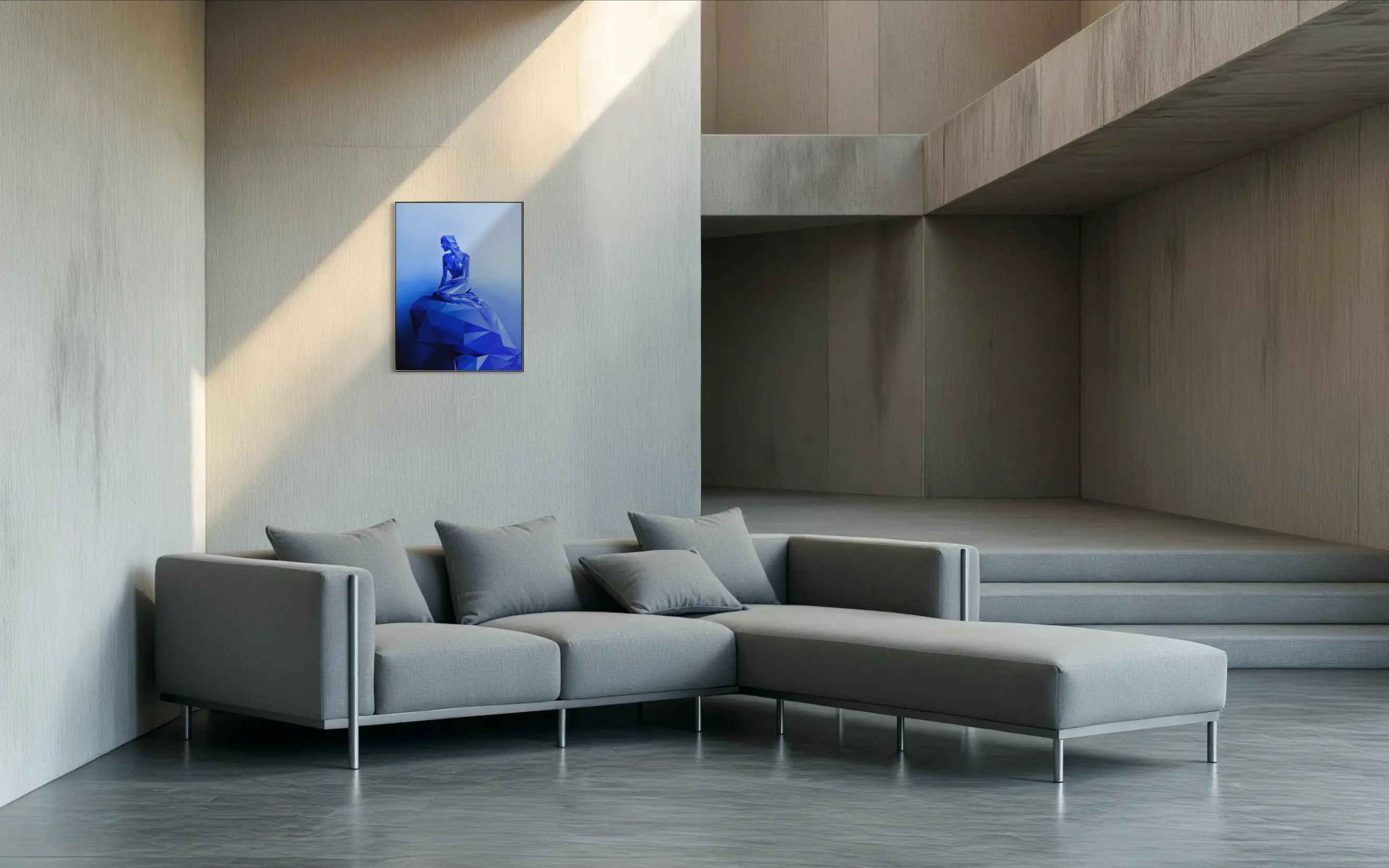 Geometric Little Mermaid aluminium dibond print in silver floater frame on a timber-panelled wall above a grey sectional sofa in a minimalist living room