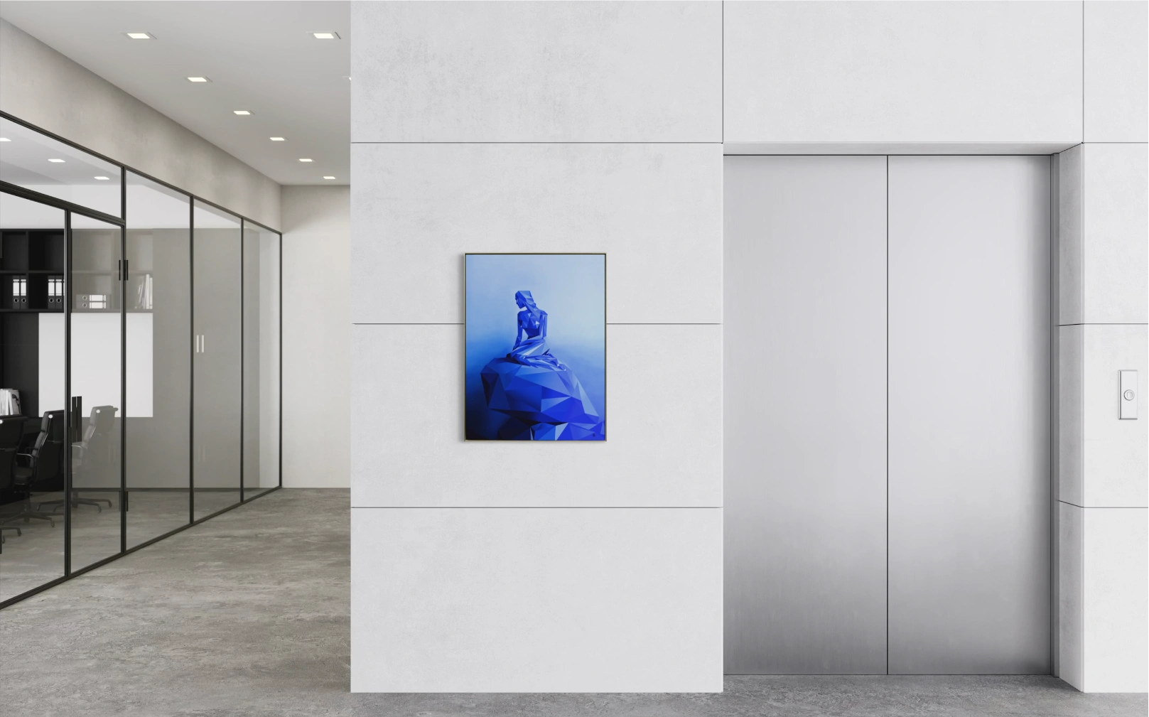 Geometric Little Mermaid aluminium dibond print in silver floater frame on a white wall beside a lift in a modern corporate office corridor