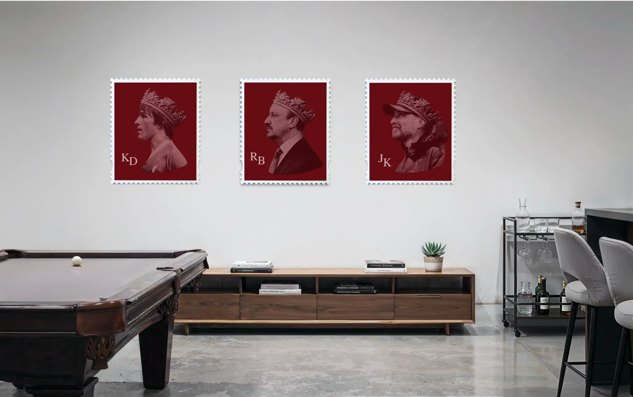 Large framed stamp artworks of Kenny Dalglish, Rafa Benítez and Jürgen Kloppdisplayed in a modern games room above a pool table in handmade wooden frames. #size_Large