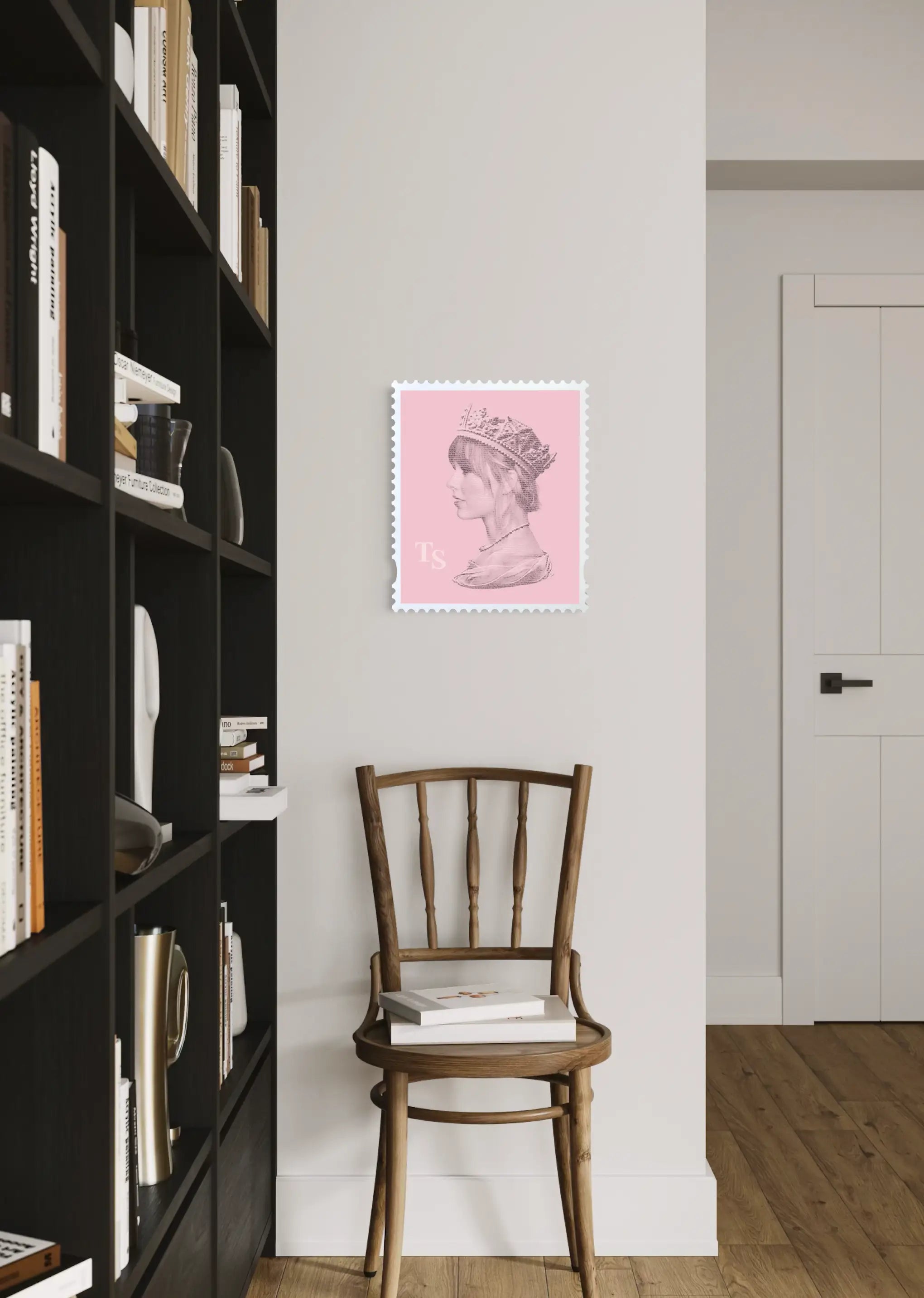 Taylor Swift Long Live the Queen stamp art print displayed on a neutral living room wall above a wooden chair, shown in a contemporary home interior setting alongside dark shelving. #size_medium