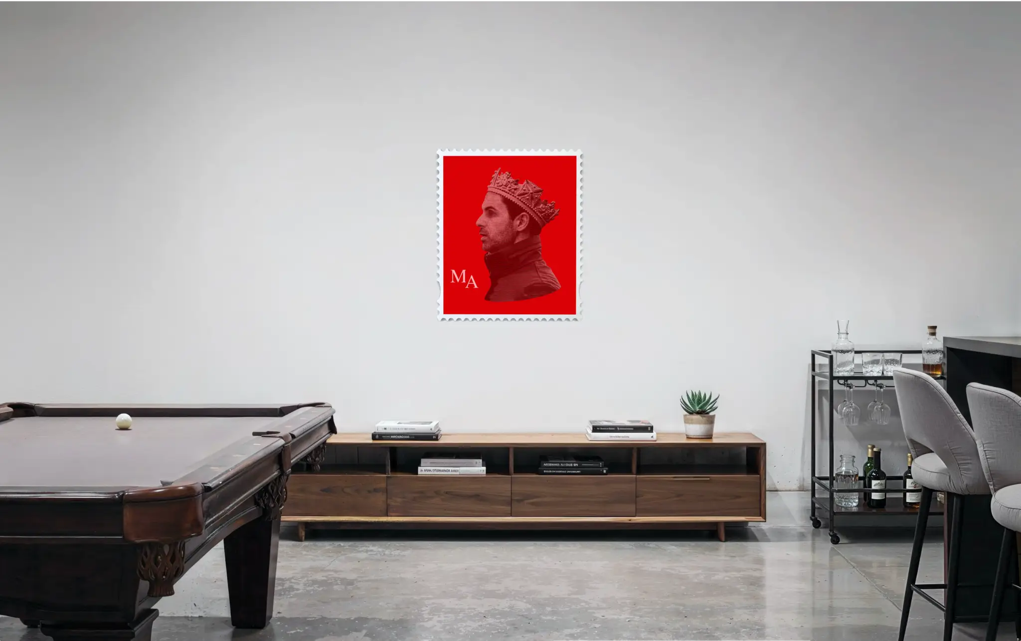 Mikel Arteta limited edition stamp artwork displayed on white wall in a modern games room interior setting with pool table and bar area. #size_large