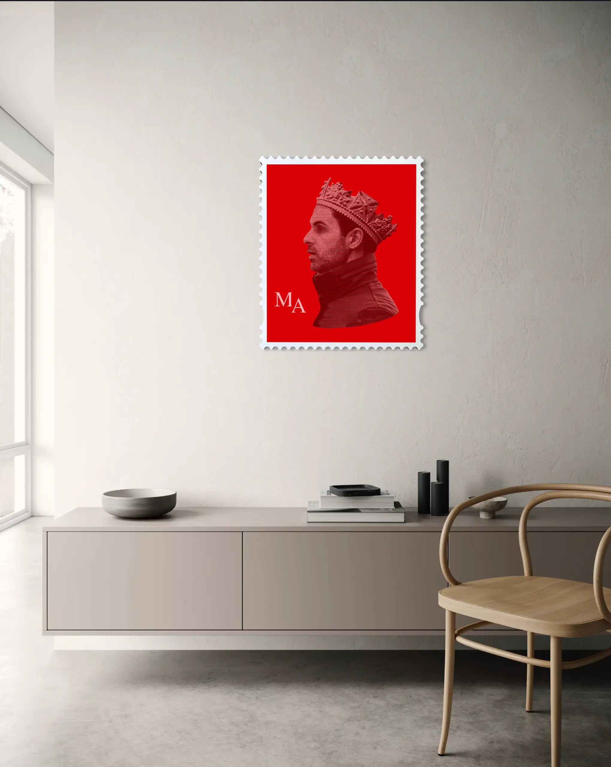 Mikel Arteta limited edition stamp artwork displayed on white wall above a floating cabinet in a minimalist modern interior setting. #size_large