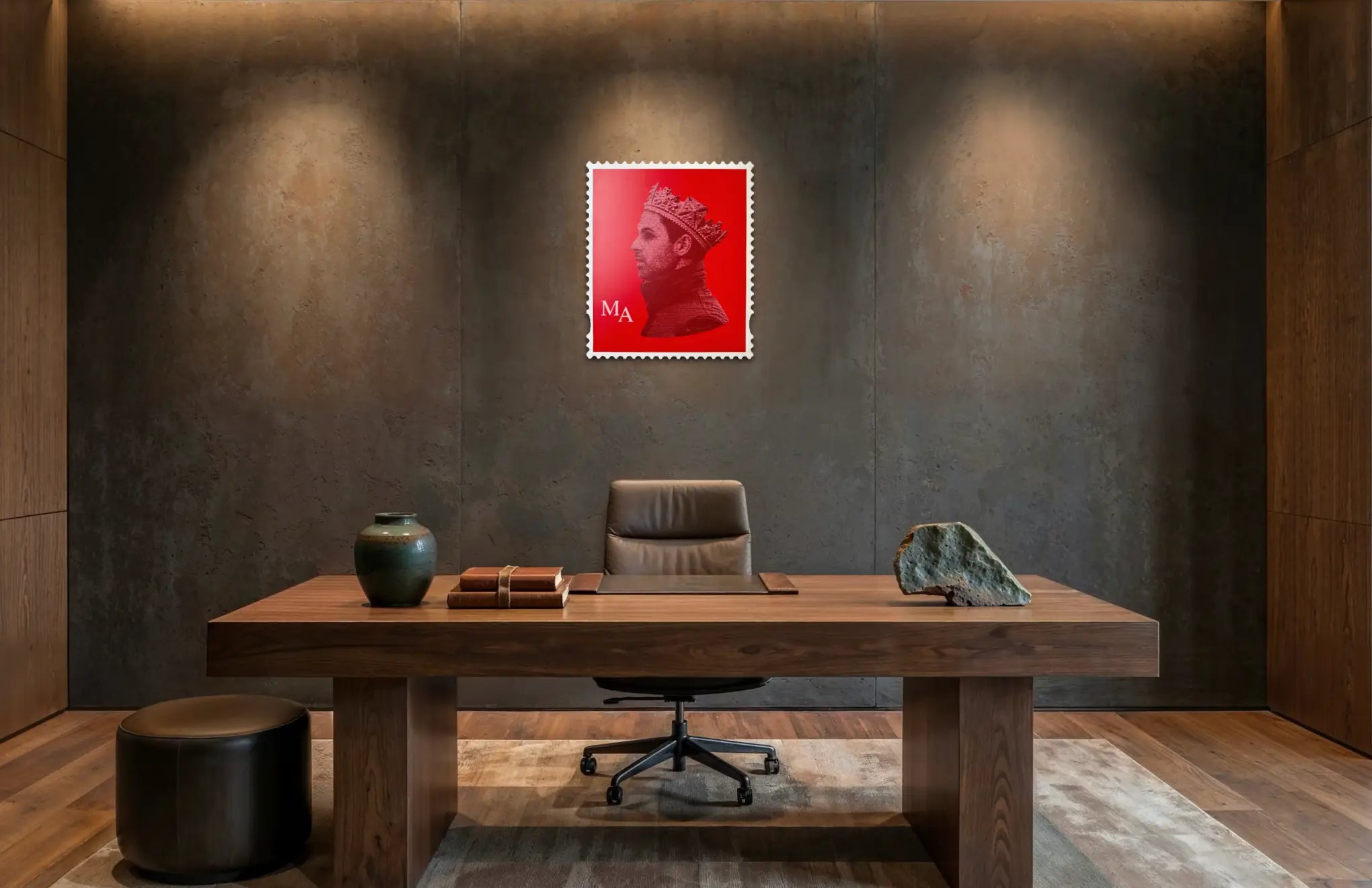 Mikel Arteta limited edition stamp artwork displayed on concrete wall above a solid wood desk in a luxury modern home office interior setting. #size_large