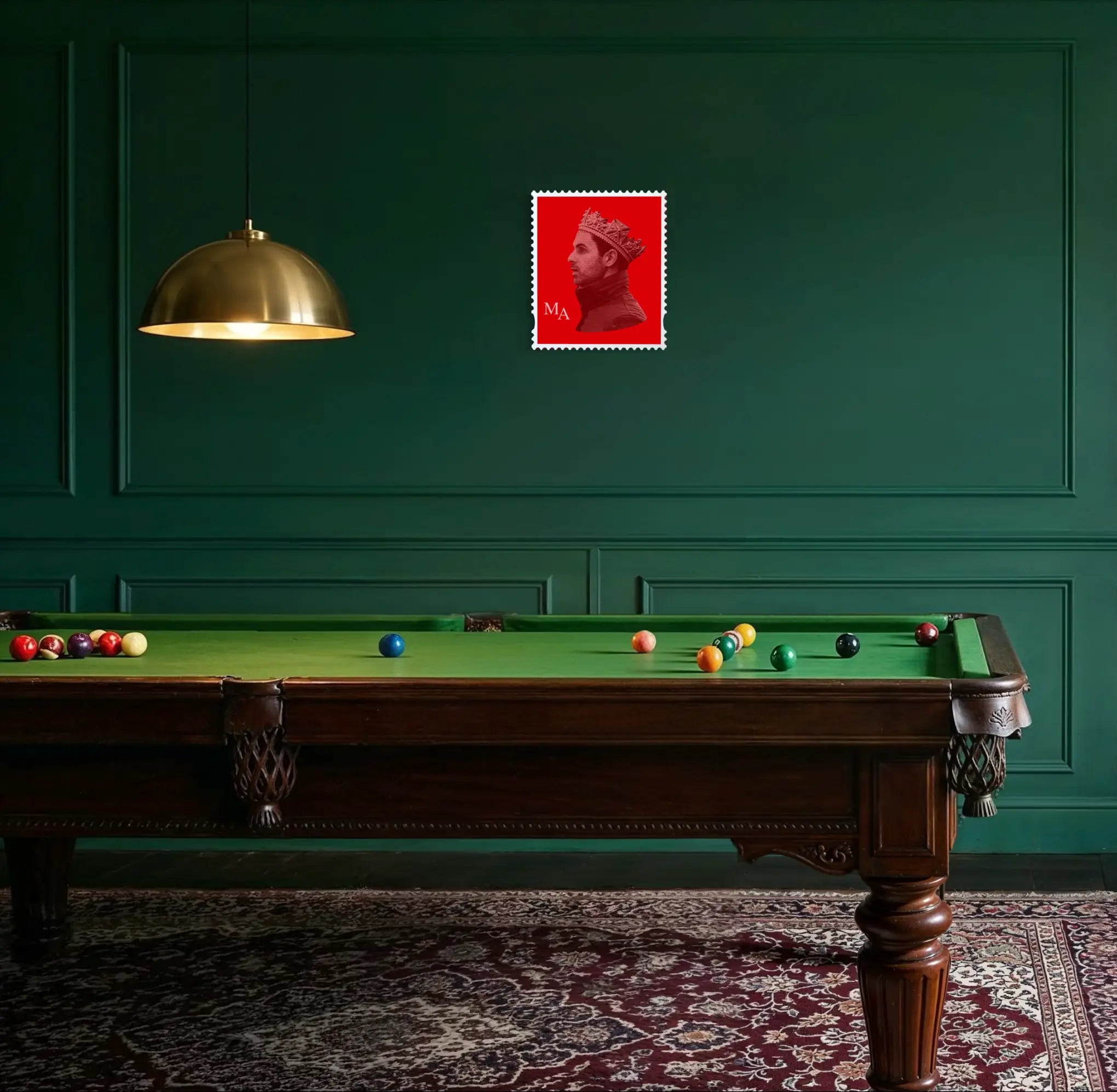 Mikel Arteta limited edition stamp artwork displayed on dark green panelled wall in a luxury games room interior setting with snooker table and brass pendant light. #size-medium