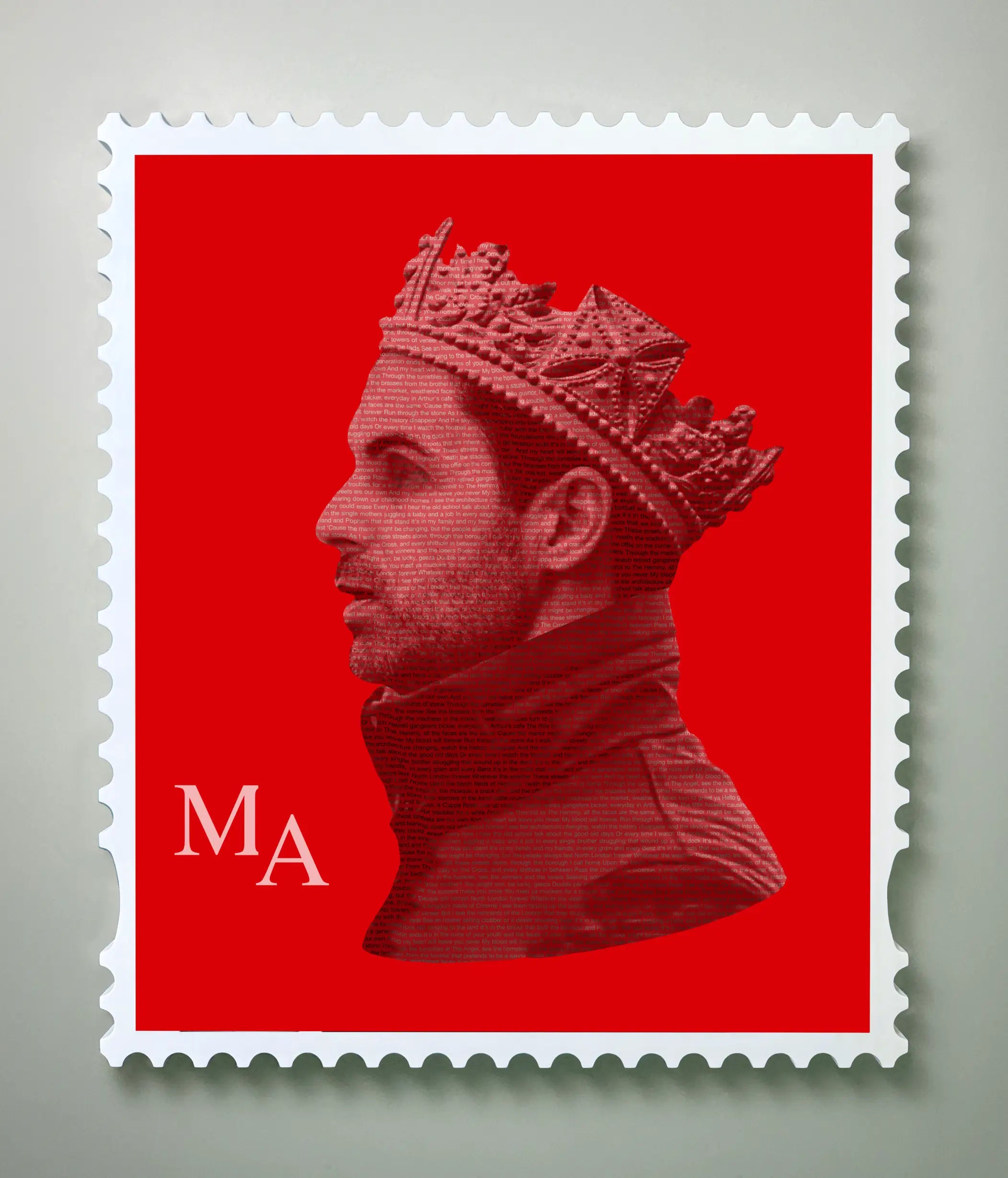 Mikel Arteta limited edition stamp artwork front view in white handmade frame showing full portrait detail with crown and typography against a light grey background