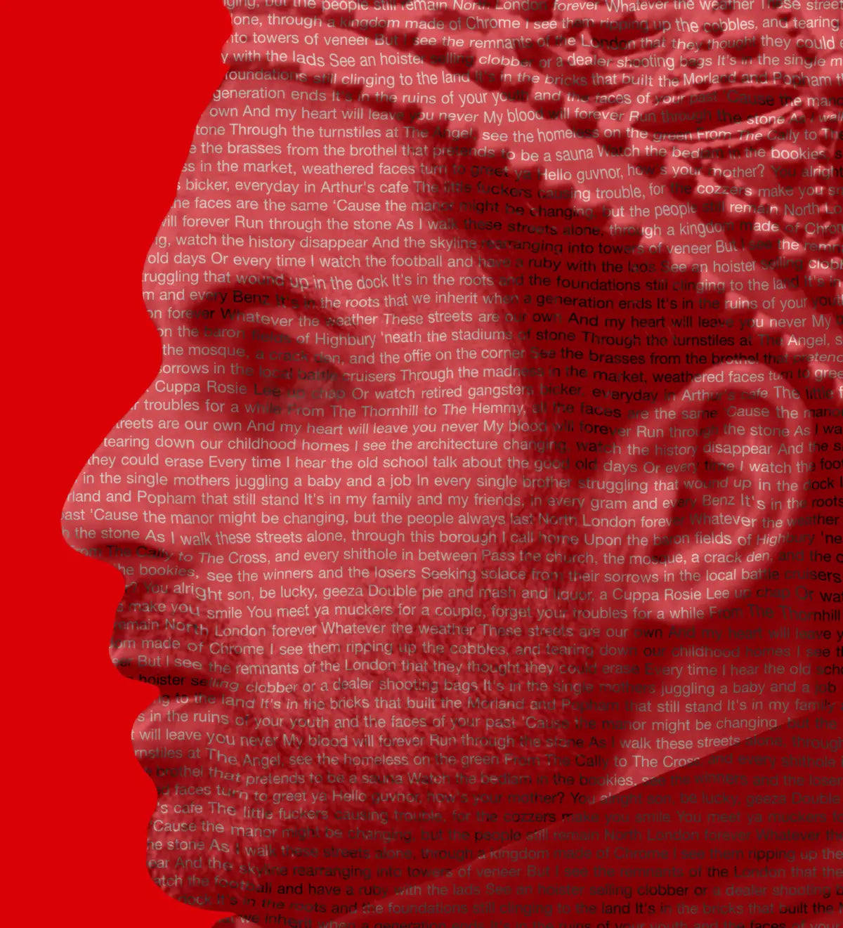 Mikel Arteta limited edition stamp artwork close up detail showing North London Forever lyrics layered across the portrait in shades of red