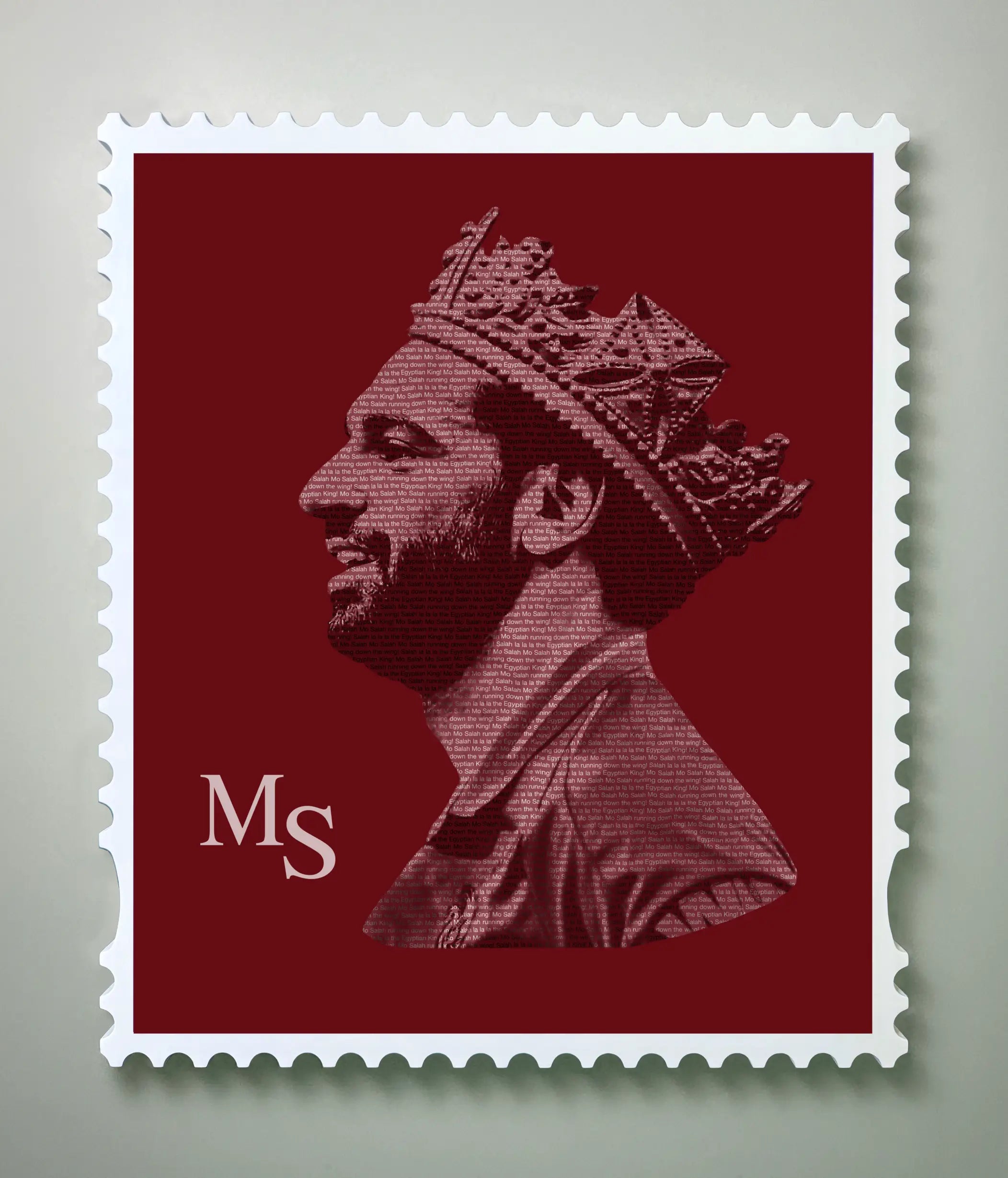 Close-up detail of Mo Salah The Egyptian King typography stamp portrait showing fan chant text forming the portrait, fine art print by True Royalty.