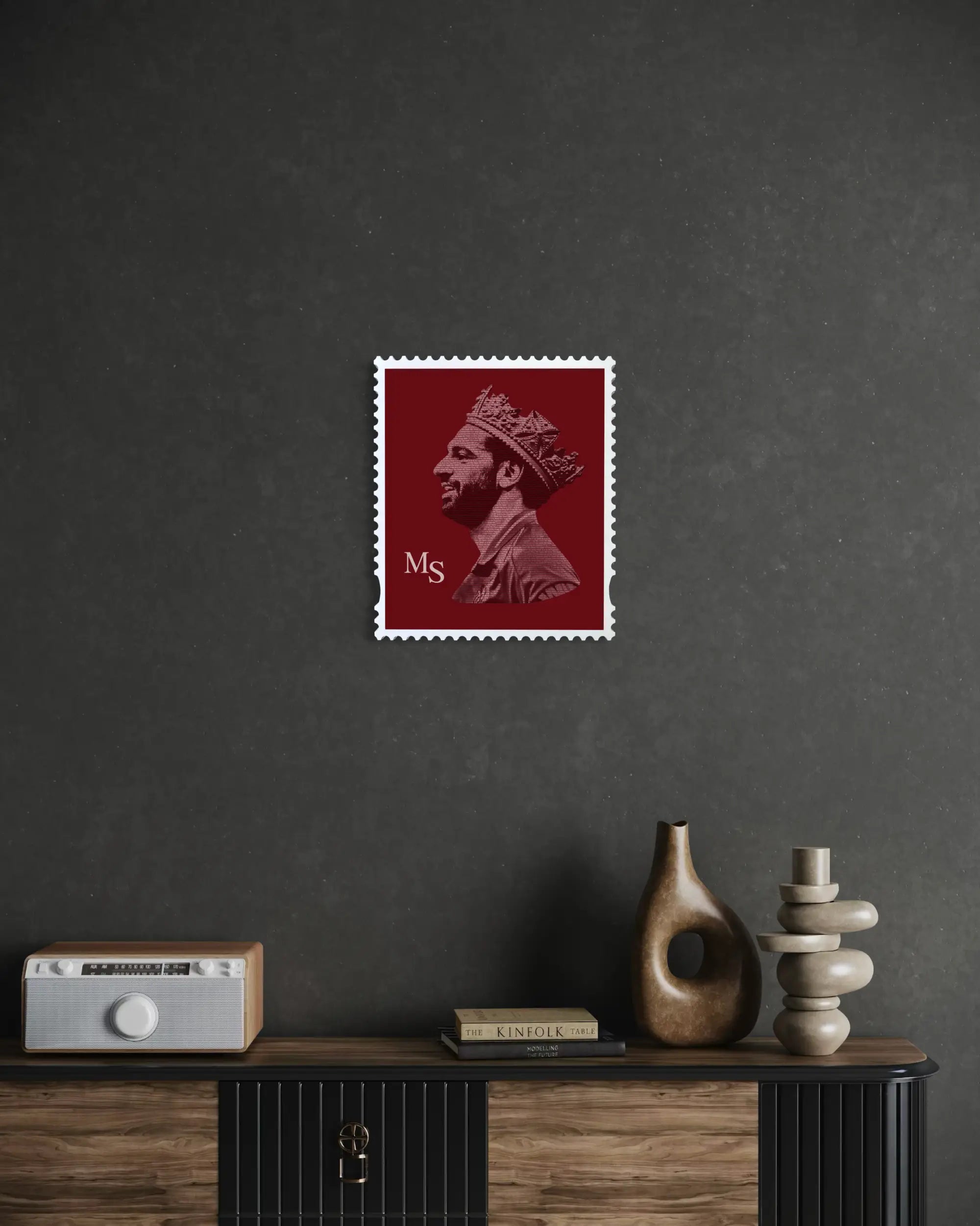 Mo Salah The Egyptian King typography stamp portrait on a dark textured wall above a sideboard, Sporting Royalty limited edition artwork by True Royalty. #size_medium