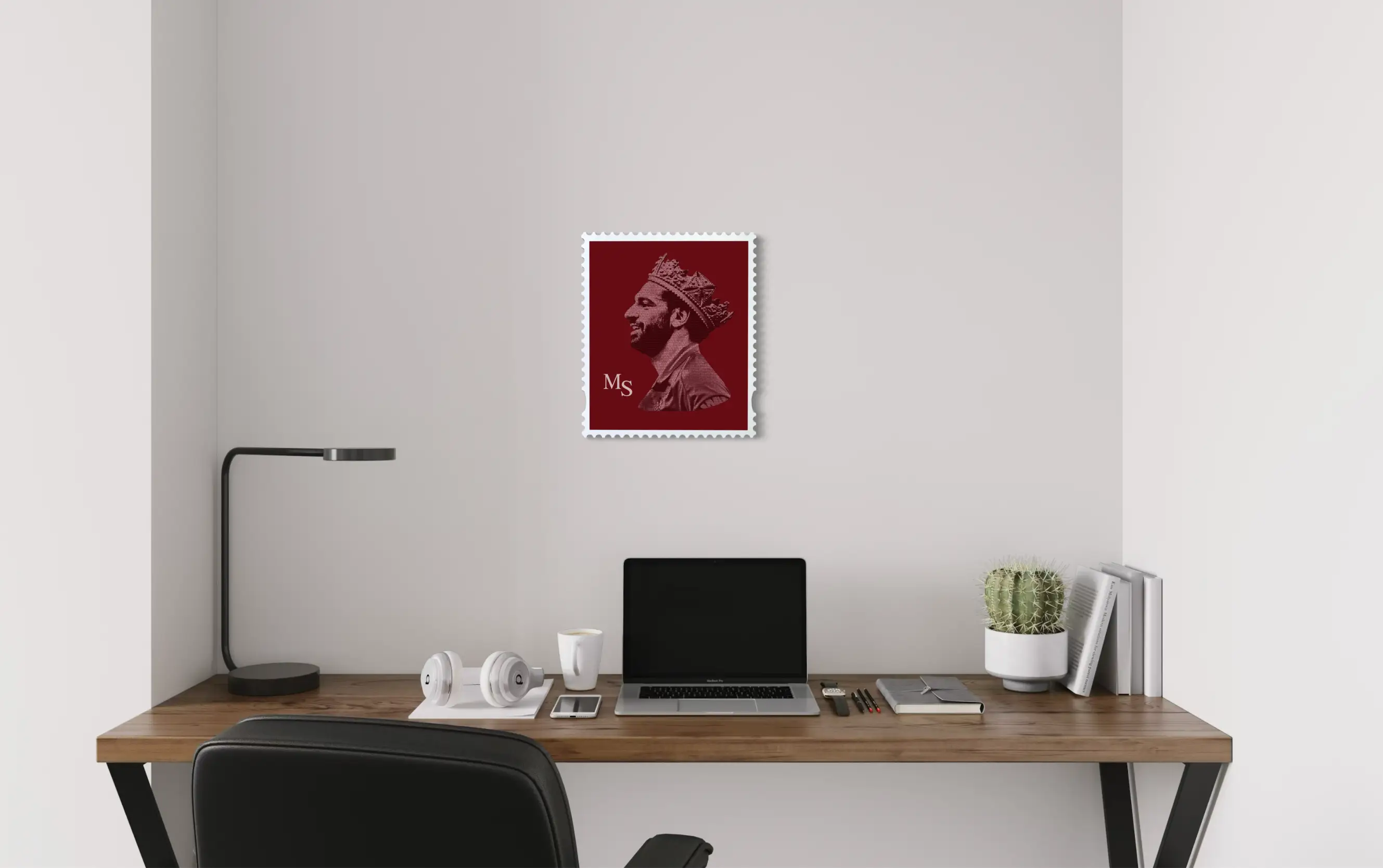 Mo Salah The Egyptian King typography stamp portrait above a minimal wood desk home office setting, limited edition fine art print by True Royalty. #size_medium