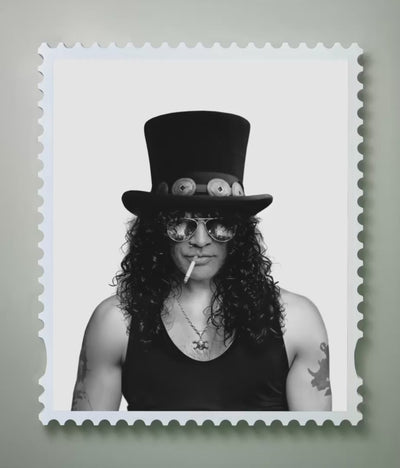 Black and white 2-flip lenticular portrait of Slash revealing an X-ray version as the viewing angle changes.