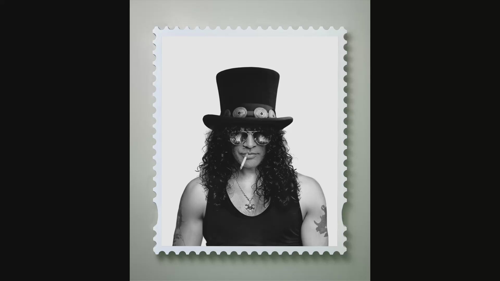 Lenticular artwork of Slash transitioning into an X-ray image, framed in a handmade wooden stamp-style frame