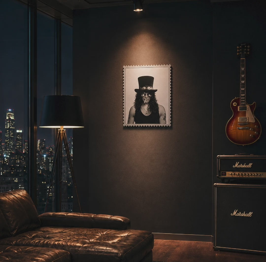 Slash Skin & Bones large lenticular stamp artwork in a luxury city apartment at night – panning shot demonstrating the lenticular transition between the portrait and X-ray skeleton states, with a Les Paul guitar, Marshall amp stack and floor-to-ceiling city skyline in the background. #size_large