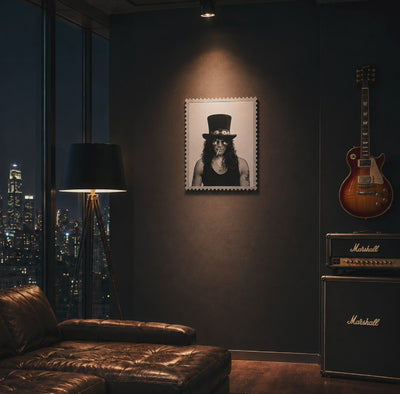 Slash Skin & Bones large lenticular stamp artwork in a luxury city apartment at night – panning shot demonstrating the lenticular transition between the portrait and X-ray skeleton states, with a Les Paul guitar, Marshall amp stack and floor-to-ceiling city skyline in the background. #size_large