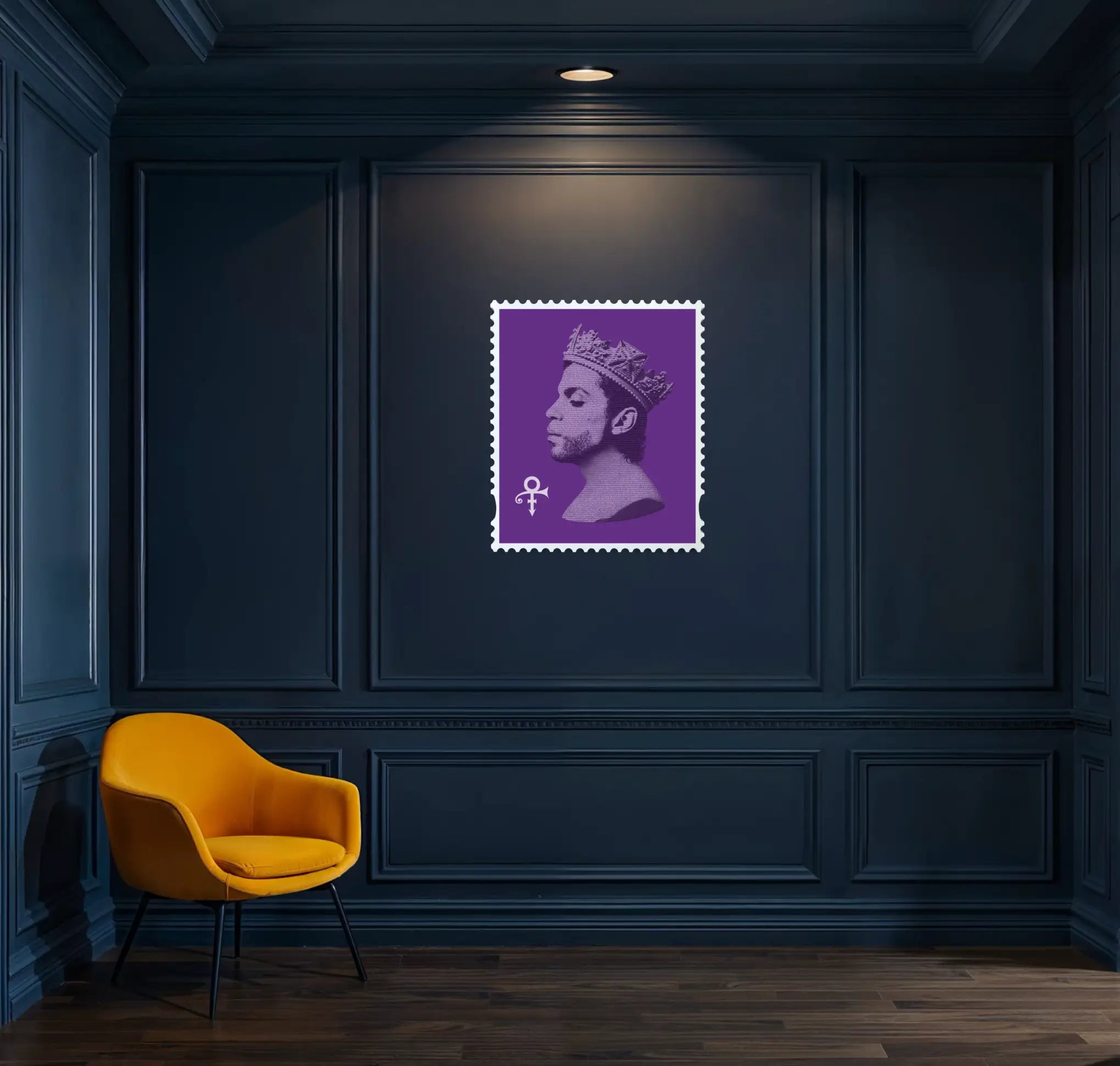 Prince Purple Reign limited edition framed stamp artwork displayed on dark navy wall in a luxury interior setting with wooden flooring and mustard accent chair. #size_Large