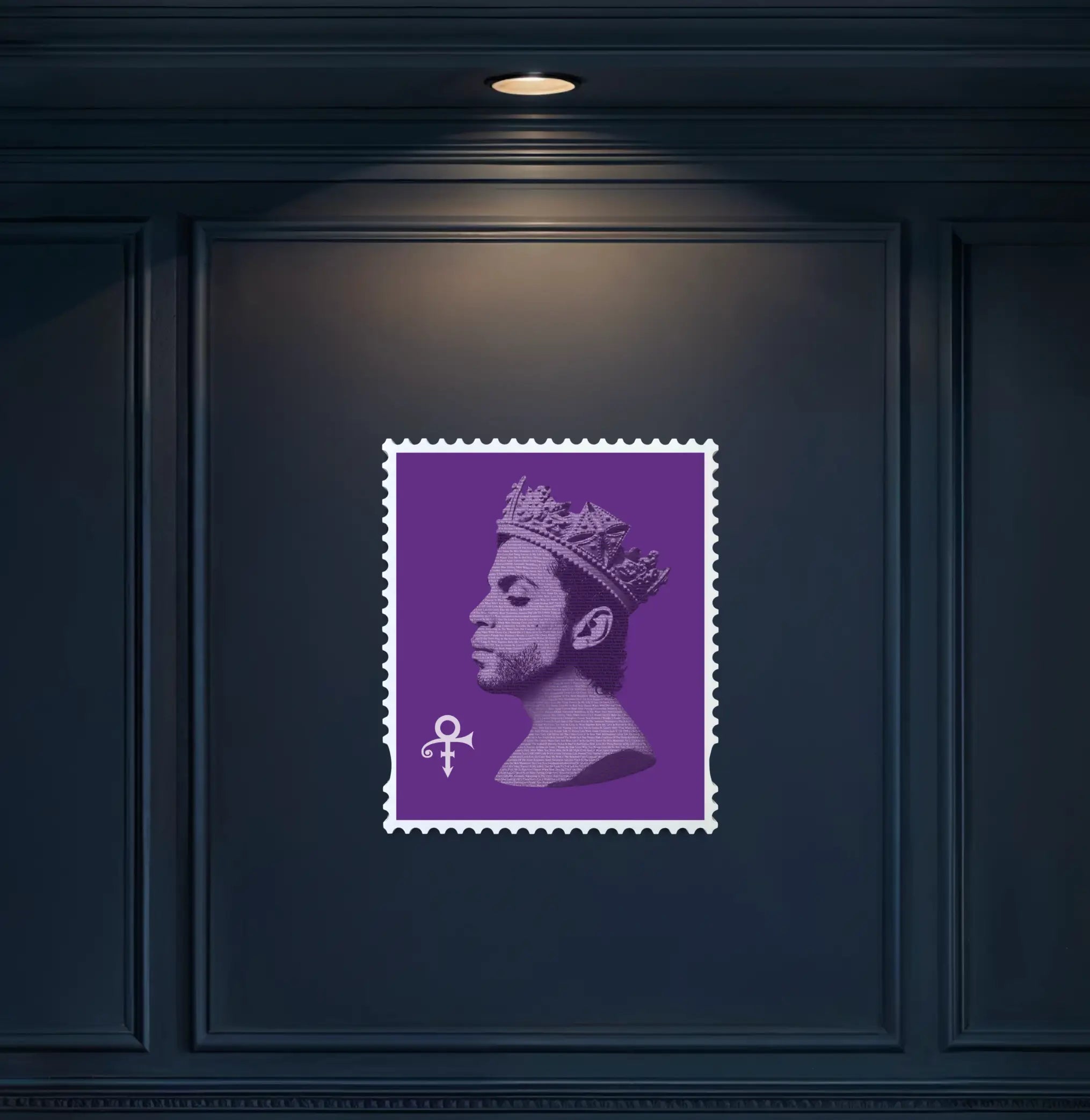 Prince Purple Reign limited edition stamp artwork displayed on dark navy panelled wall in a luxury interior setting.