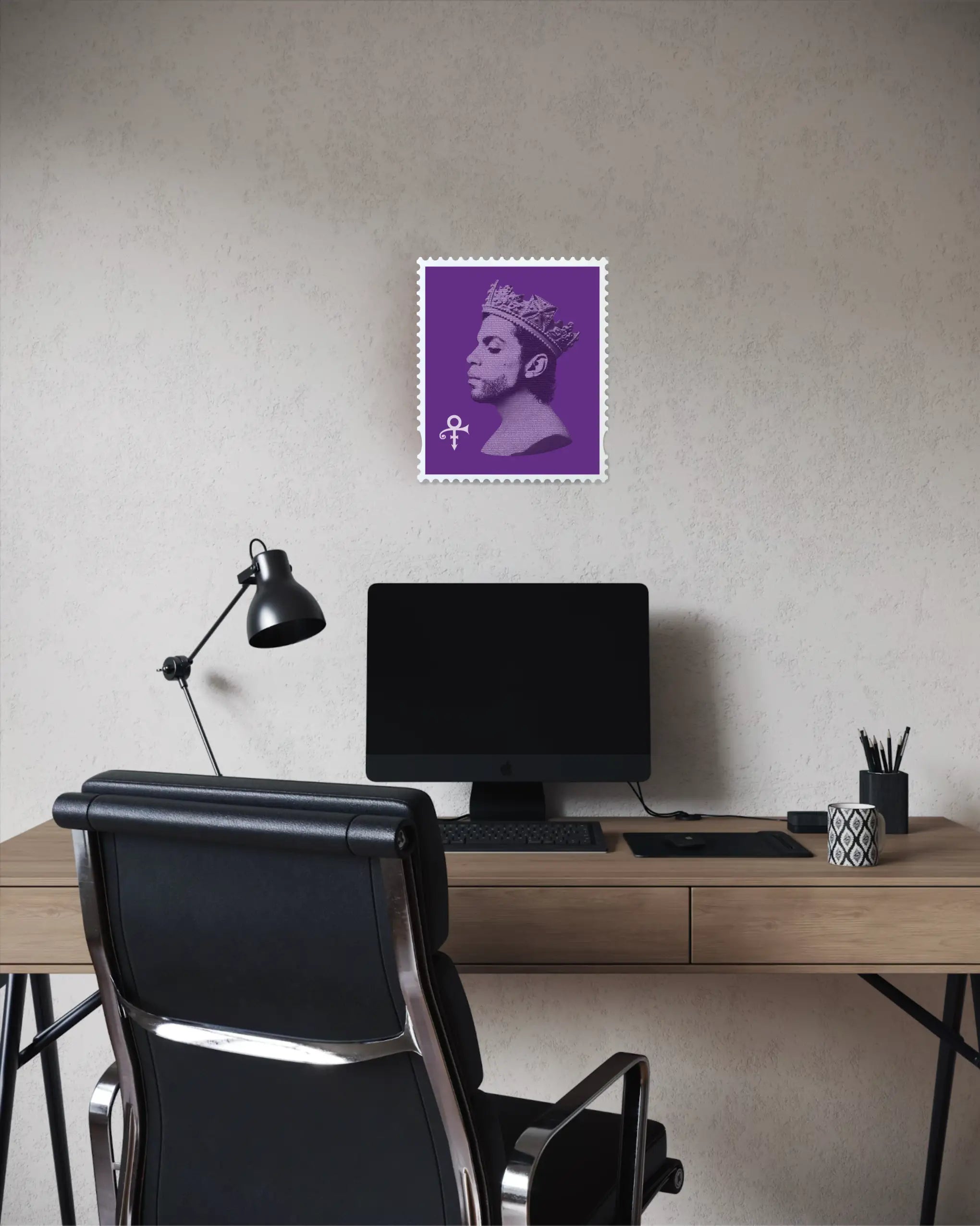 Prince Purple Reign limited edition framed stamp artwork displayed in a home office. #size_Medium