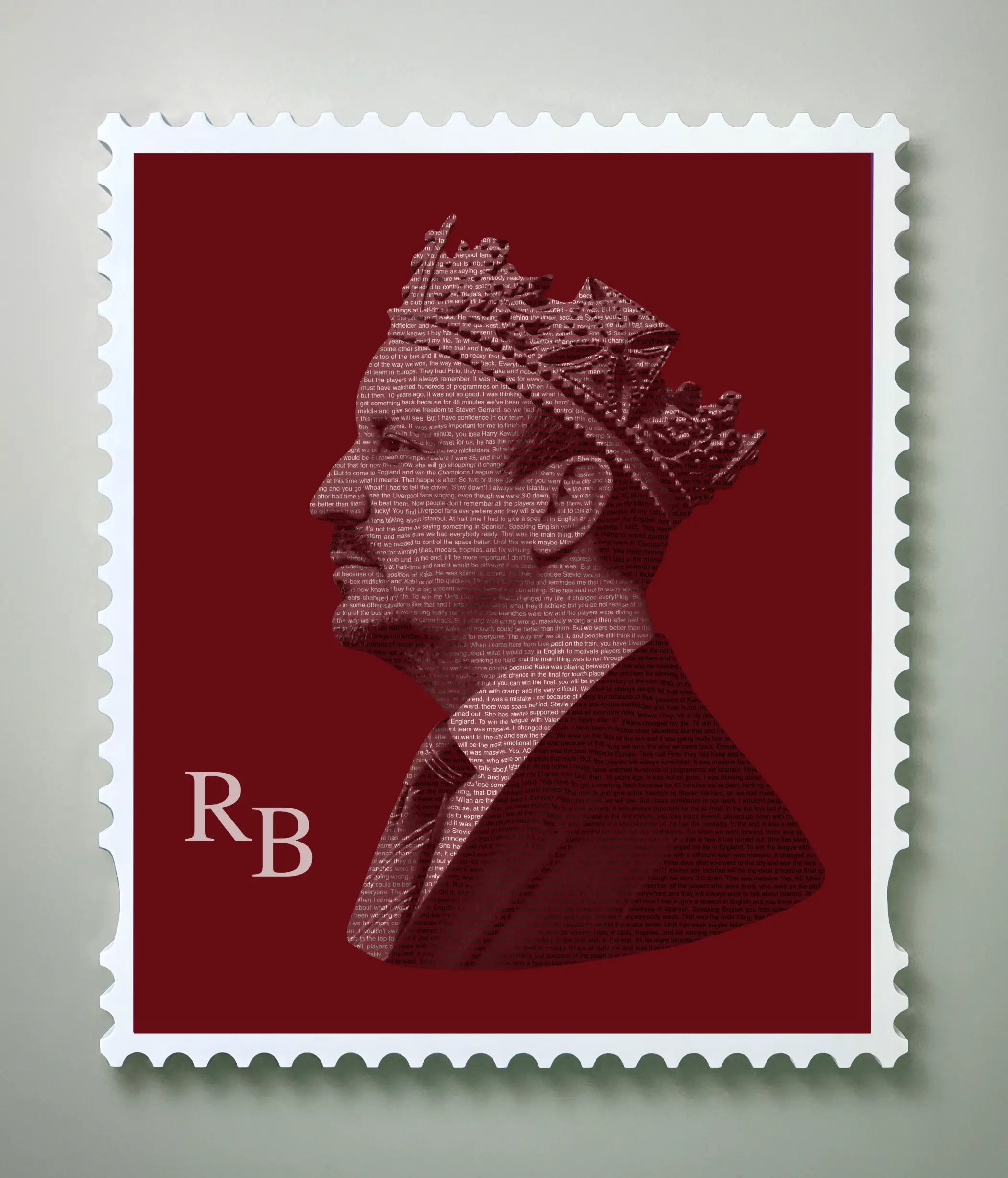 Rafa Benitez quote typography stamp portrait in deep red showing the full stamp frame design with perforated white border, profile silhouette formed entirely from his own quotes, and monogram in the lower left