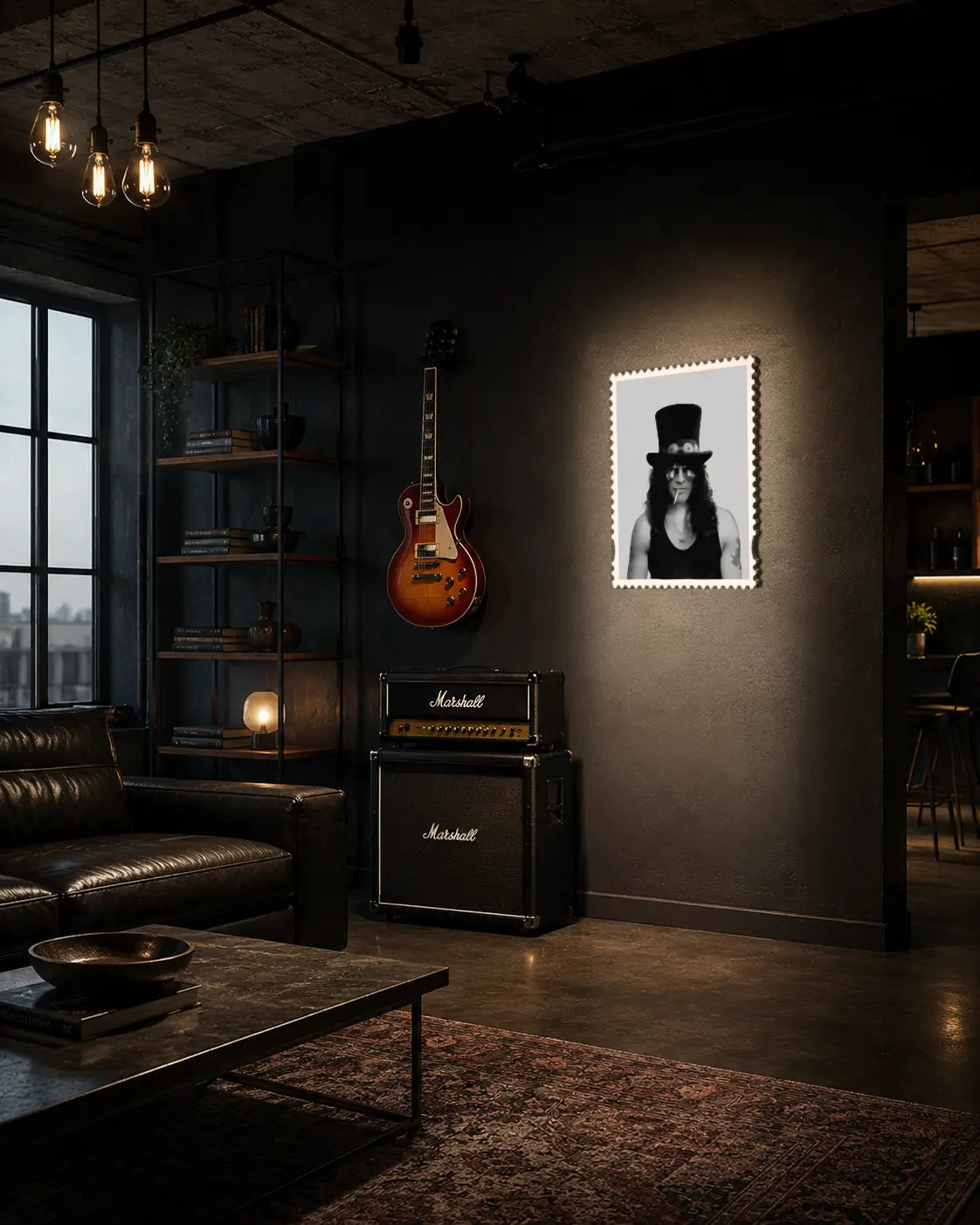 Slash Skin & Bones lenticular stamp artwork spotlit on a dark wall in a luxury city apartment at night, with floor-to-ceiling windows revealing a lit skyline and a Les Paul guitar and Marshall amp stack alongside – portrait state shown. #size_large