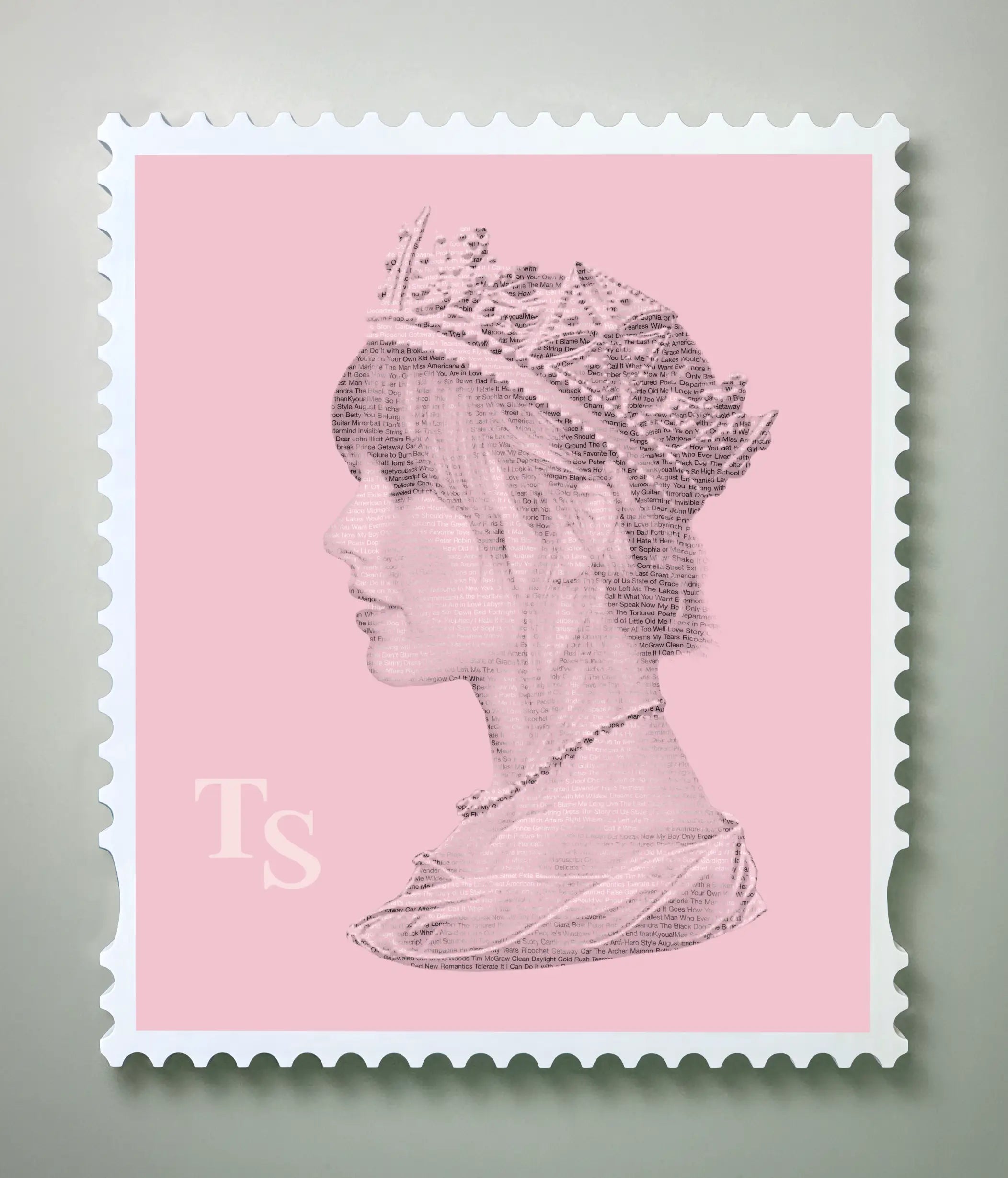 Limited edition Taylor Swift art print on aluminium dibond, presented in a handmade wooden frame, styled as a Royal Mail postage stamp, composed entirely of her song titles on a pink background