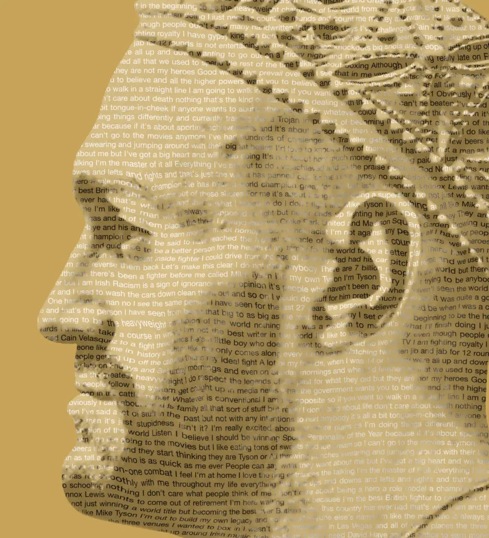Close-up detail of Tyson Fury The Gypsy King typography stamp portrait showing quotes forming the portrait, fine art print by True Royalty.