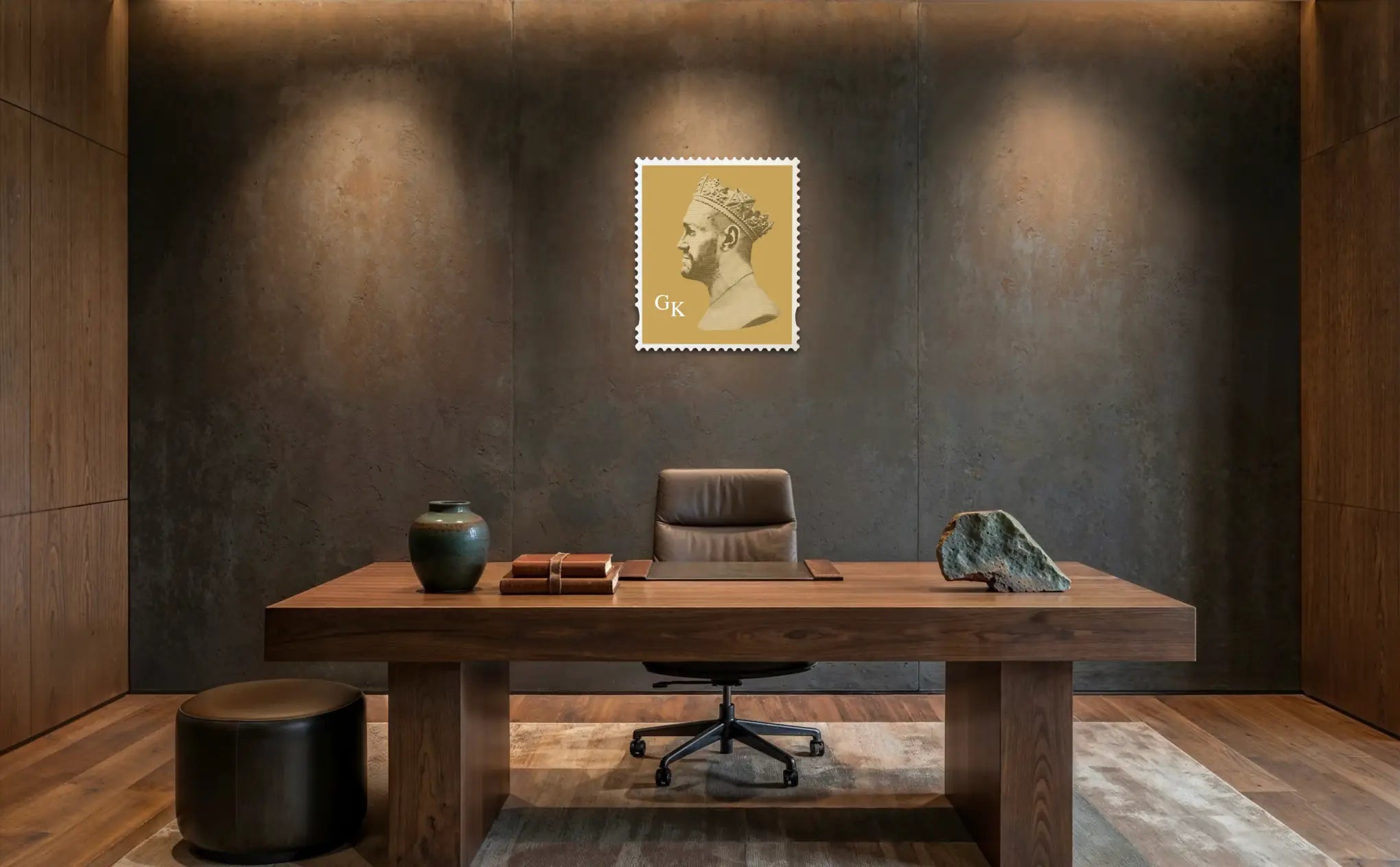 Tyson Fury The Gypsy King typography stamp portrait on wall of dark executive office setting, limited edition Sporting Royalty print. #size_large